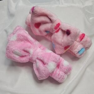 Set of 2 Spa Headbands Soft Terry Fabric Colorful Pink Polka Dot Print Bow Cute